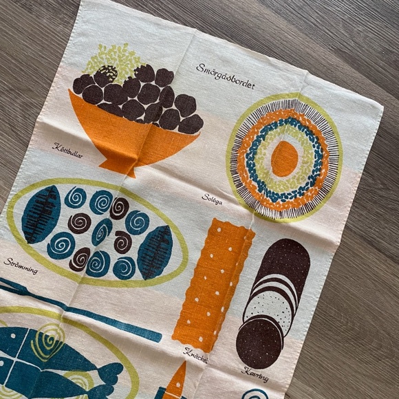 VTG 1950s 1960s Linen Dish Towel Smorgasbord Louise Fougstedt Made in Sweden - Picture 1 of 10